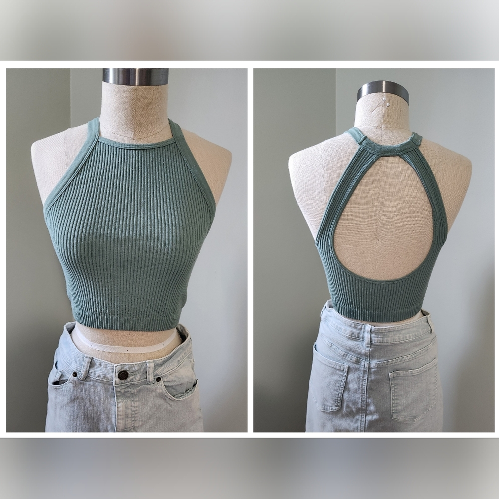 Green Ribbed Halter Top - Picture 2 of 2